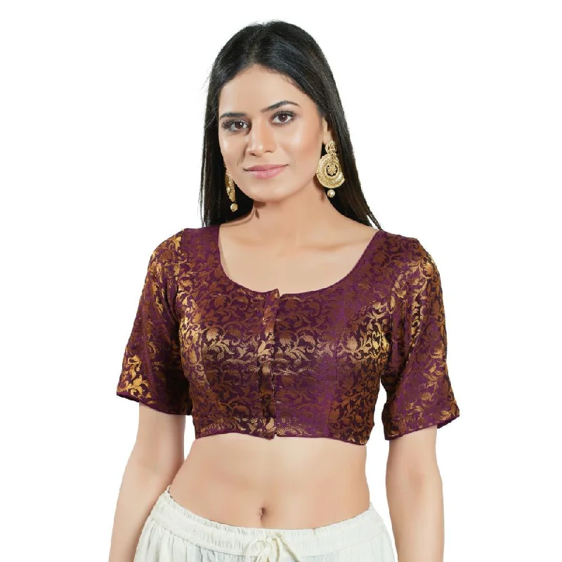 Wine Brocade Woven Design Elbow Sleeve Blouse Peter Pan Blouse