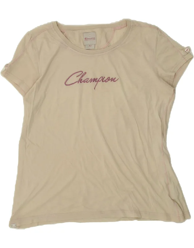 CHAMPION Womens Easy Fit Graphic T-Shirt Top UK 18 XL Off White Cotton-- Mesh Canvas Denim