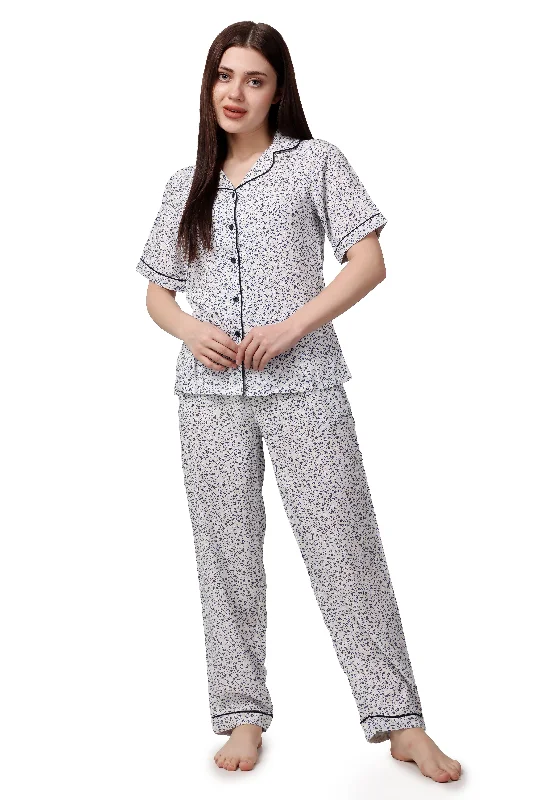 Abstract Print Women Shirt & Pyjama Set – 100% Viscose-- Solid Print Embellished