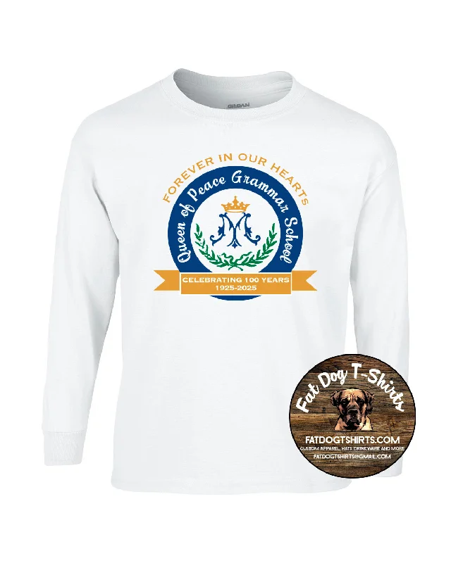 QUEEN OF PEACE 100 YEARS  LONG SLEEVE T-SHIRT-YOUTH/ADULT WHITE-- Ribbed Striped Patterned