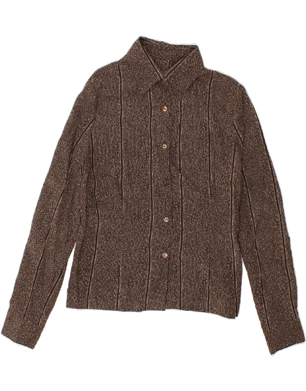 VINTAGE Womens Shirt UK 14 Large Brown Striped-- Wool Fabric Cashmere Fabric Tweed Fabric