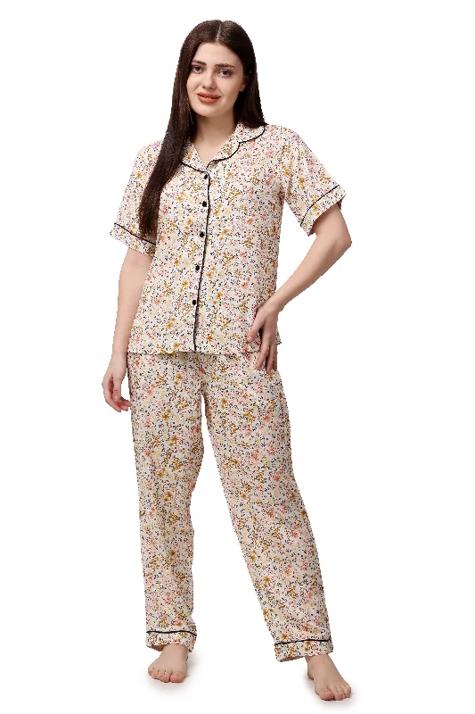 Floral Print Women Shirt & Pyjama Set – 100% Viscose-- Machine Wash Dry Clean Hand Wash