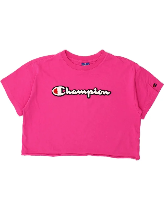 CHAMPION Womens Crop Graphic T-Shirt Top UK 10 Small Pink-- V-Neck T-Shirt Long Sleeve Cotton