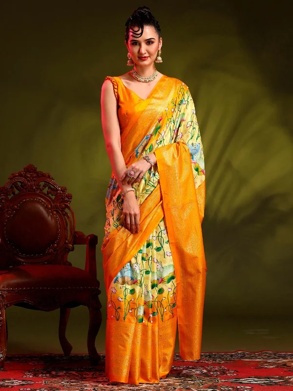 Saree Mall Women's Dola Yellow Printed Designer Saree With Blouse Piece-RAJWADI03F Short Sleeve Blouse Saree Mall Women's Dola Yellow Printed Designer Saree With Blouse Piece-RAJWADI03F Short Sleeve Blouse