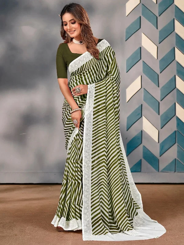 Saree Mall Women's Georgette Olive Embellished Designer Saree With Blouse Piece-SARVI06 Gathered Detail Blouse Saree Mall Women's Georgette Olive Embellished Designer Saree With Blouse Piece-SARVI06 Gathered Detail Blouse