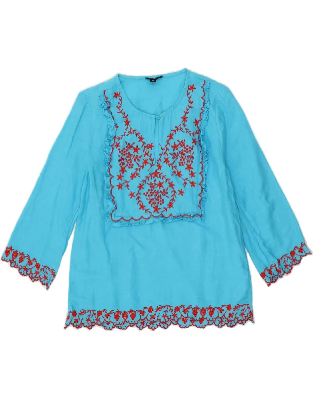 J. CREW Womens Ruffle Front 3/4 Sleeve Blouse Top UK 6 XS Blue Floral Flowy Bohemian Blouse J. CREW Womens Ruffle Front 3/4 Sleeve Blouse Top UK 6 XS Blue Floral Flowy Bohemian Blouse