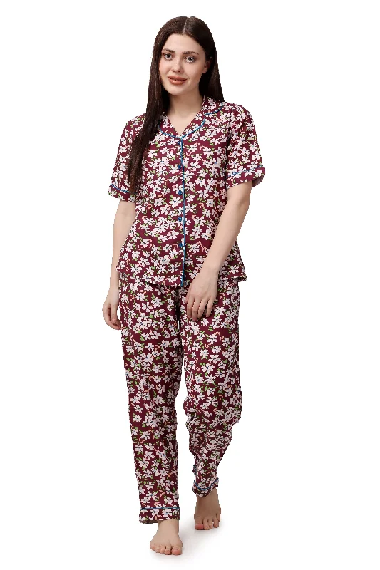 Floral Print Women Shirt & Pyjama Set – 100% Viscose-- Graphic Embroidered Appliqued