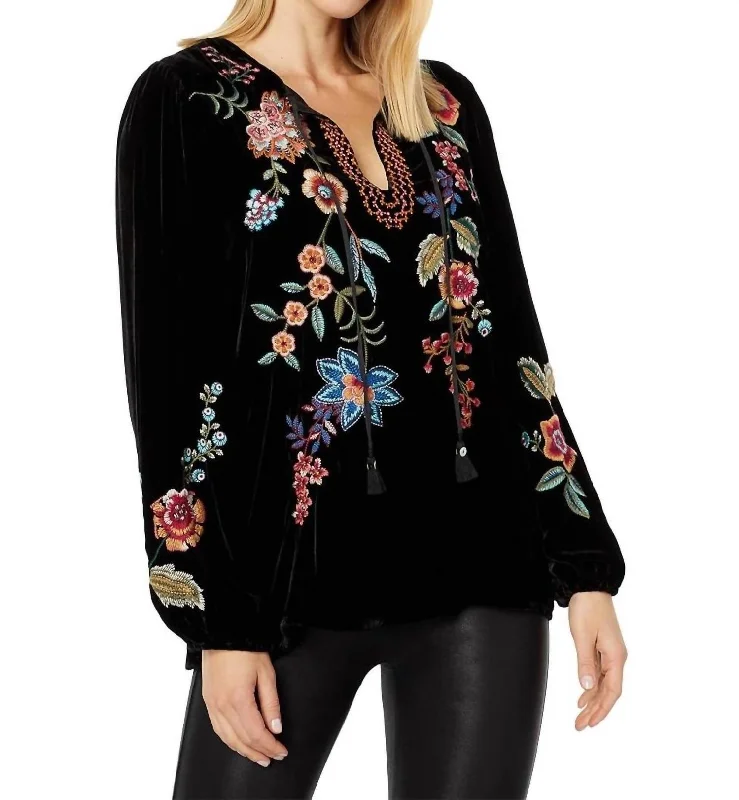 Ardell Velvet Relaxed Blouse In Black Collared Satin Blouse