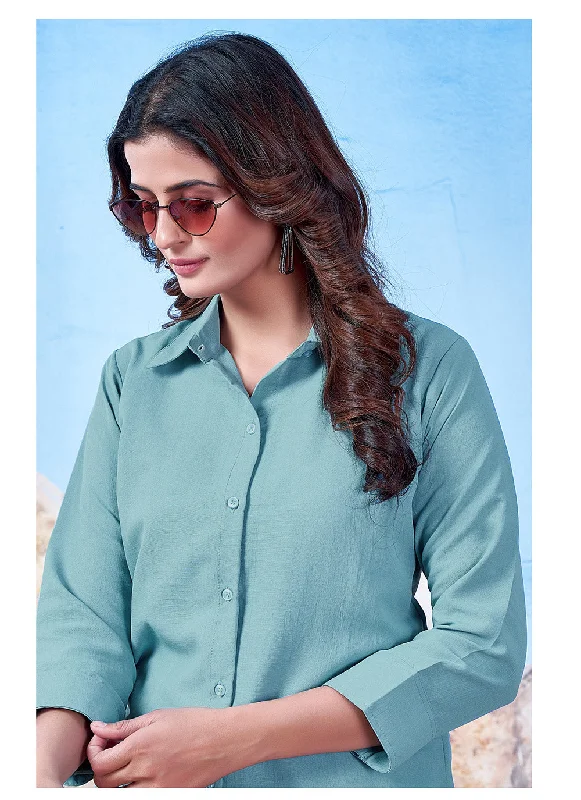 Blue Cotton Solid Collared Casual Shirt For Women-- Striped Floral Plaid
