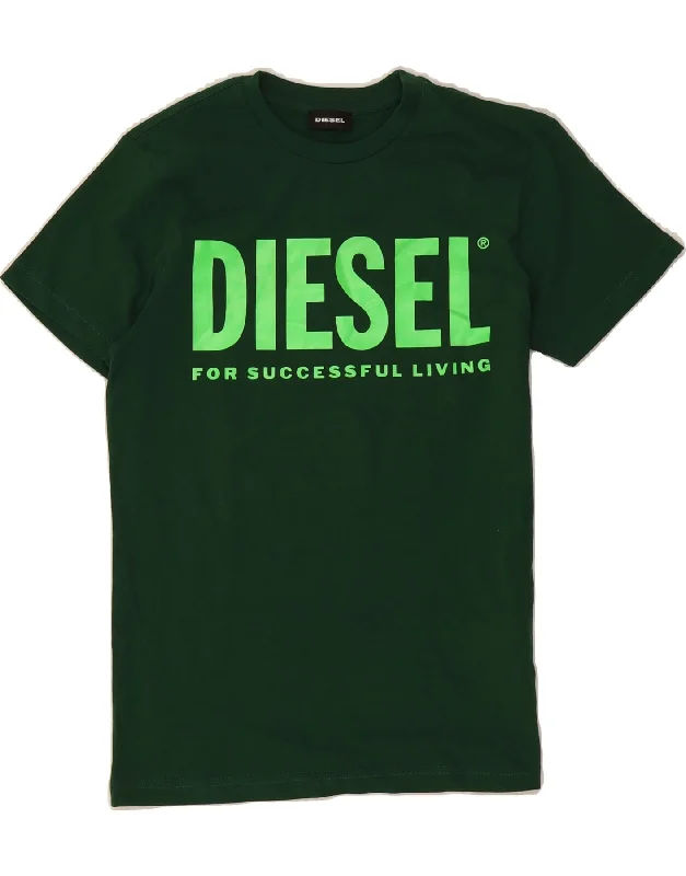 DIESEL Womens Graphic T-Shirt Top UK 12 Medium Green Cotton-- V-Neck T-Shirt Long Sleeve Cotton