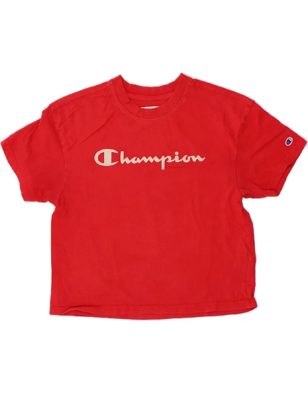 CHAMPION Womens Crop Graphic T-Shirt Top UK 6 XS Red Cotton-- Handmade Hand-knitted Hand-woven