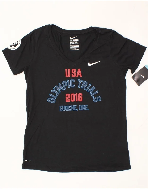 NIKE Womens Dri Fit Graphic T-Shirt Top UK 14 Large Black Cotton-- Elasticated Padded Insulated