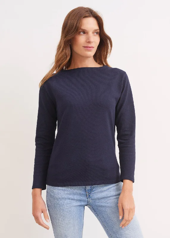 T-shirt marin Guildo - col bateau, en coton épais (NAVY)-- Satin Blend Silk Blend Wool Blend