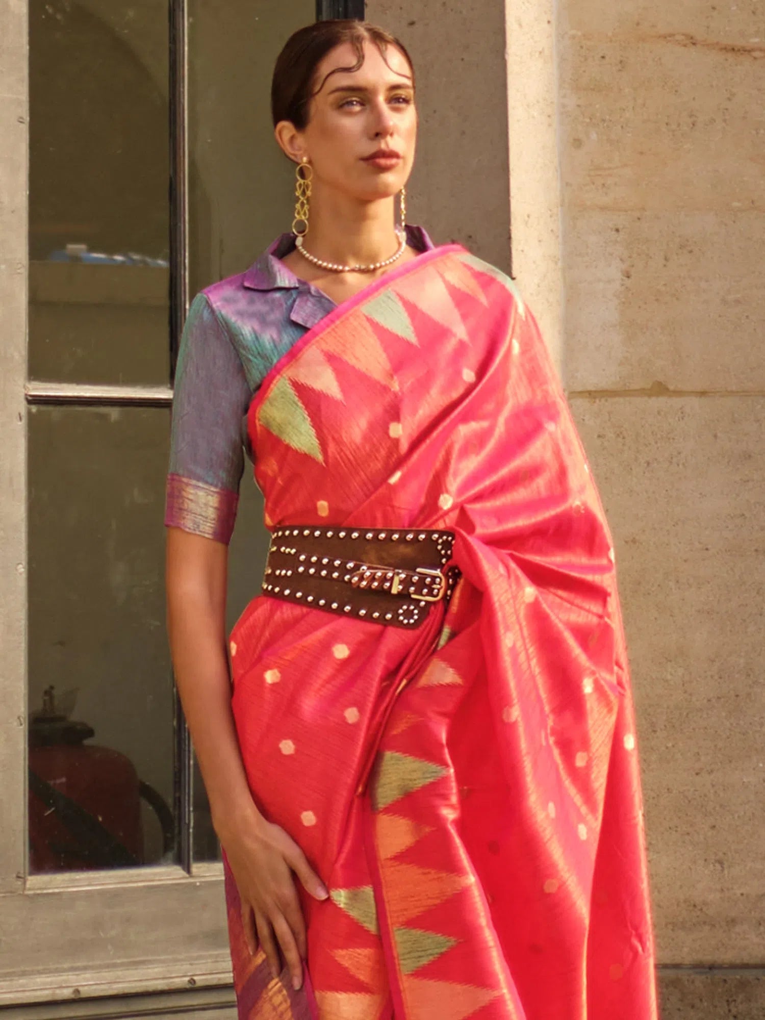 Saree Mall Women's  Blend Pink Woven Design Designer Saree With Blouse Piece-KHWAB349001 Elegant Office Blouse