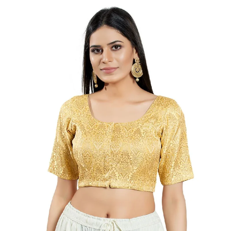 Light Gold Brocade Woven Design Elbow Sleeve Blouse Puff Sleeve Blouse