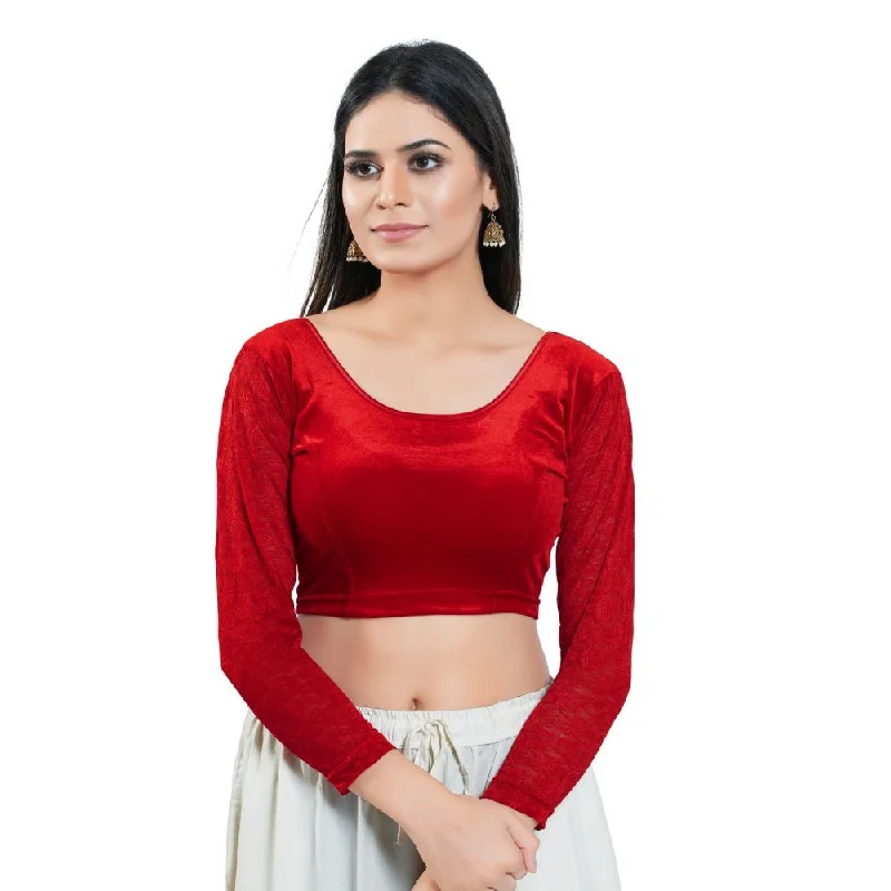 Red Velvet Solid Long Sleeves Blouse Chic Sleeveless Blouse