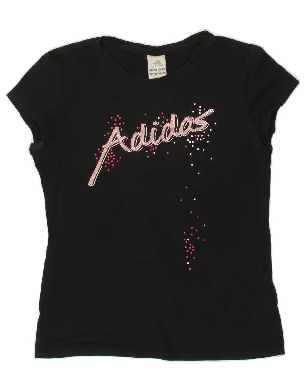 ADIDAS Womens Graphic T-Shirt Top UK 12 Medium Black Cotton-- Iron Safe Non-Iron Wrinkle Free