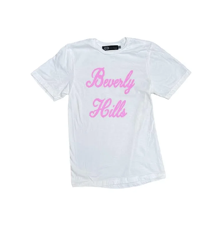 WOMENS BEVERLY HILLS SCRIPT WHITE T-SHIRT-- Oversized T-Shirt Spandex breathable