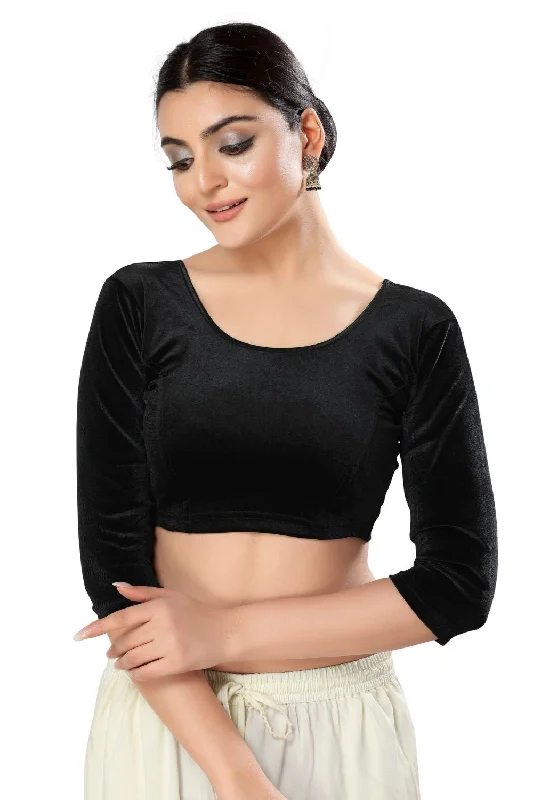 Black Velvet Solid Three-Quarter Sleeves Blouse Feminine Puff Blouse