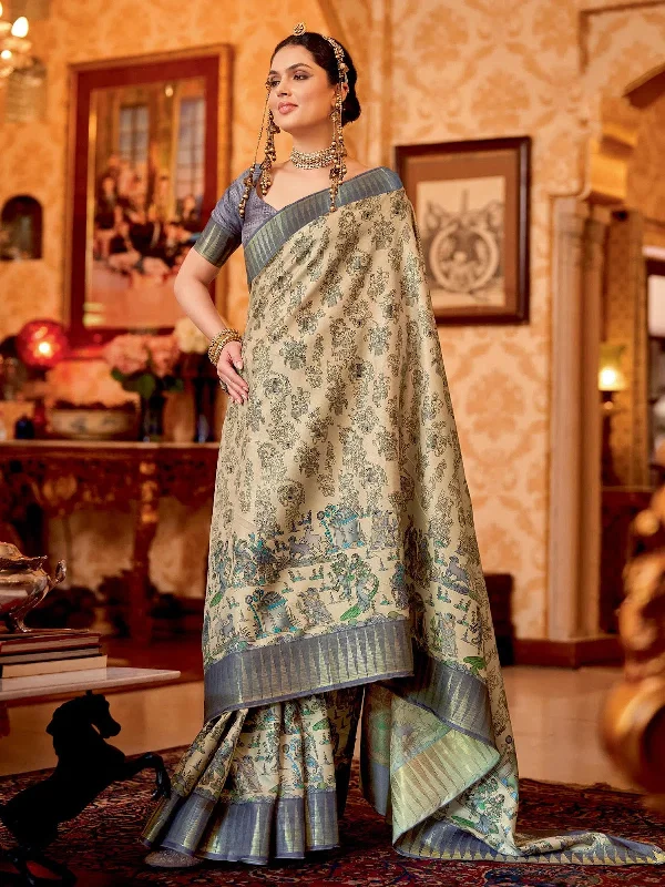 Saree Mall Women's Manipuri  Cream Printed Designer Saree With Blouse Piece-MORPNKH104 Relaxed Fit Blouse