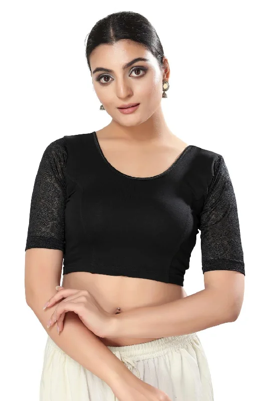 Black Cotton Solid Short Sleeves Blouse Silky Draped Blouse