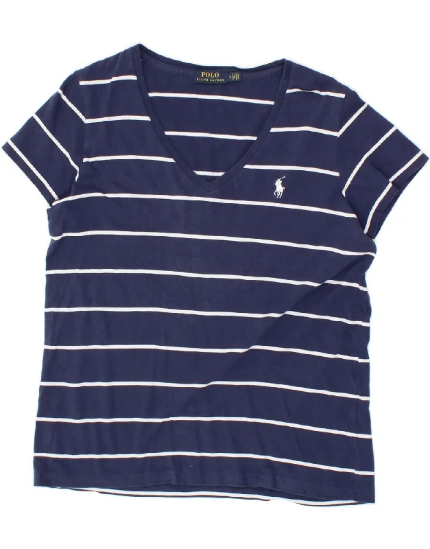 POLO RALPH LAUREN Womens T-Shirt Top UK 12 Medium Navy Blue Striped-- Welt Pockets Slit Pockets Flap Pockets