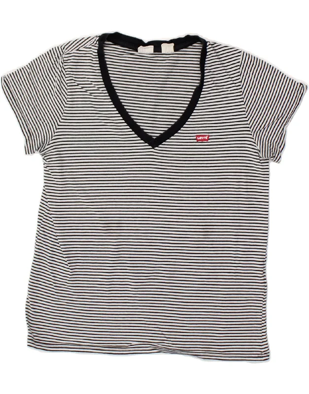 LEVI'S Womens T-Shirt Top UK 12 Medium White Pinstripe Cotton-- Print Jacquard Patchwork LEVI'S Womens T-Shirt Top UK 12 Medium White Pinstripe Cotton-- Print Jacquard Patchwork