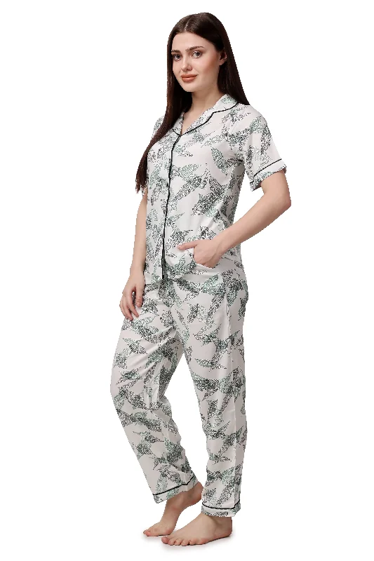 Abstract Print Women Shirt & Pyjama Set – 100% Viscose-- Silk Blend Satin Velvet