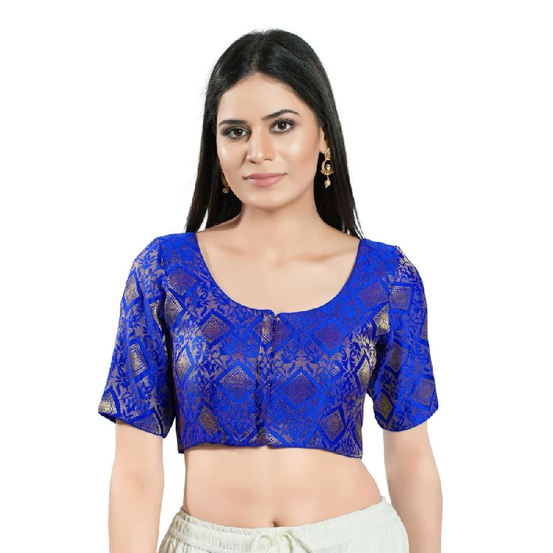 Royal Blue Brocade Woven Design Elbow Sleeve Blouse Off-Shoulder Wrap Blouse