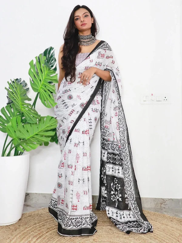 Saree Mall Women's Cotton White Printed Designer Saree With Blouse Piece-MINAXI8009 Elegant Silk Blouse