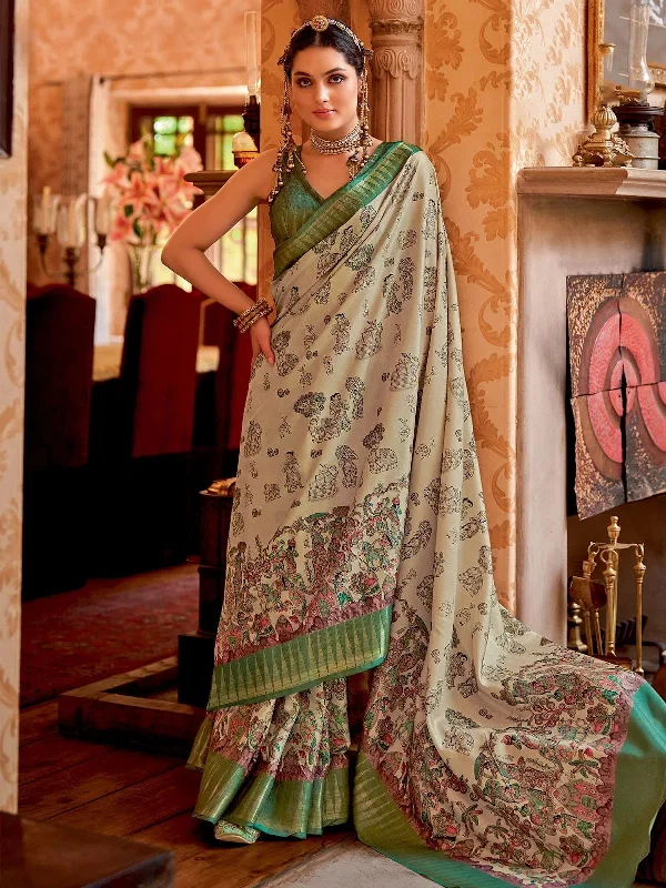 Saree Mall Women's Manipuri  Cream Printed Designer Saree With Blouse Piece-MORPNKH106 Drape Neck Blouse