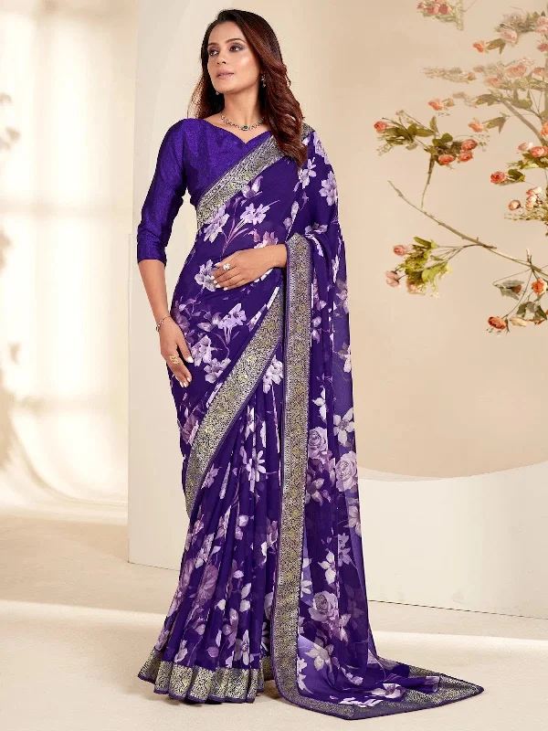 Saree Mall Women's Georgette Purple Embellished Designer Saree With Blouse Piece-MOKSHA105 Elegant Embroidery Blouse