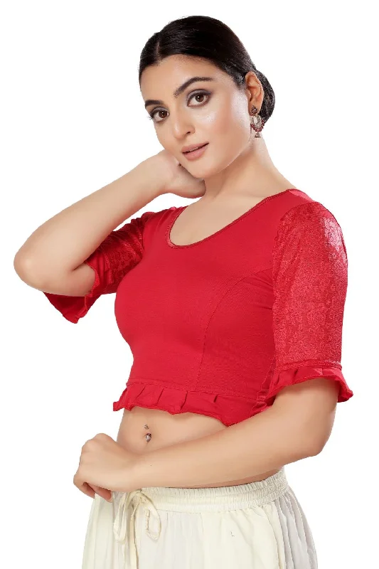 Red Cotton Solid Short Sleeves Blouse Floral Print Blouse