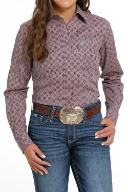 WOMEN'S BUTTON-DOWN WESTERN SHIRT - PINK / BLUE MSW9164206-- Fleece Fabric Down Fabric Feather Fabric