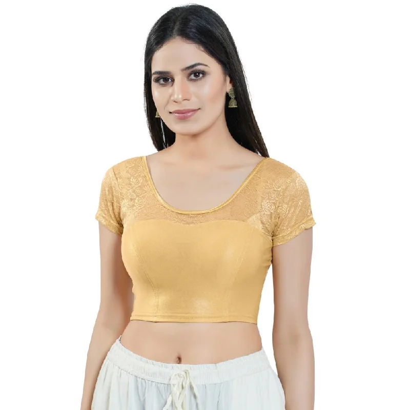 Gold Cotton Solid Short Sleeves Blouse Vintage Lace Blouse