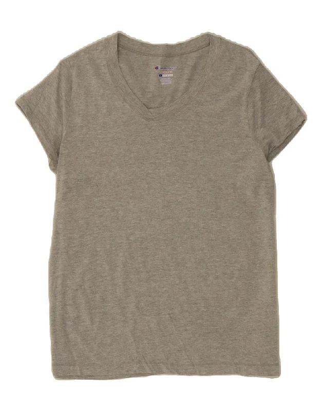 CHAMPION Womens T-Shirt Top UK 14 Large Grey Flecked Cotton -- Basic T-Shirt Crew Neck Short Sleeve