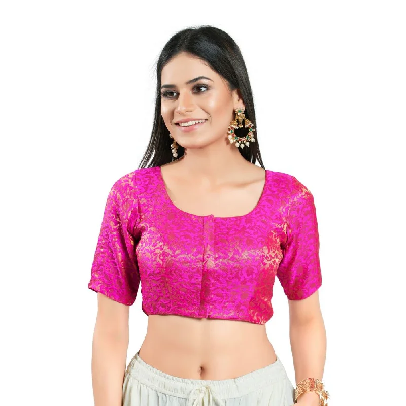 Pink Brocade Woven Design Elbow Sleeve Blouse Relaxed Fit Blouse