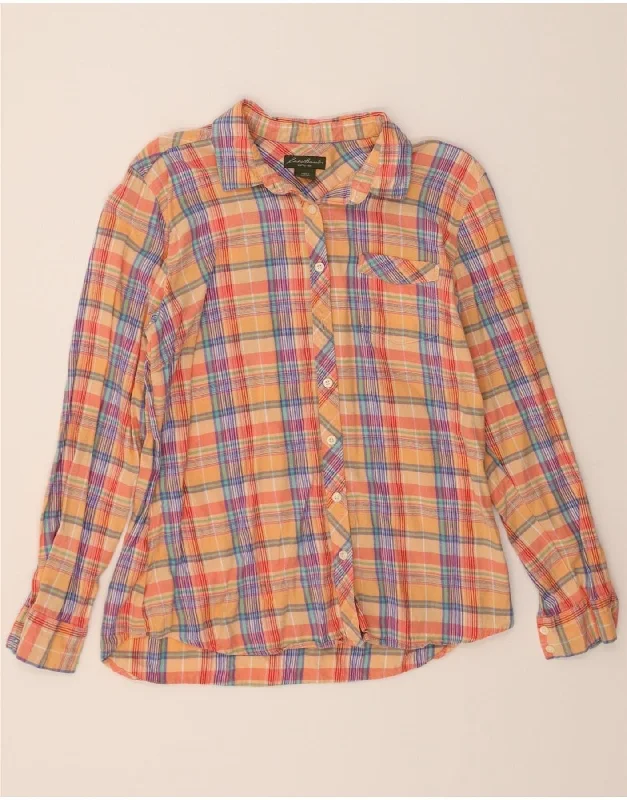 EDDIE BAUER Womens Flannel Shirt UK 16 Large Orange Check-- Notch Collar Peter Pan Collar Cowl Neck