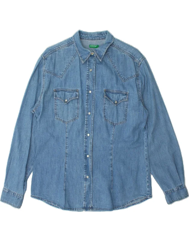BENETTON Womens Denim Shirt UK 18 XL Blue Cotton-- Hooded Caped Shawl Collar