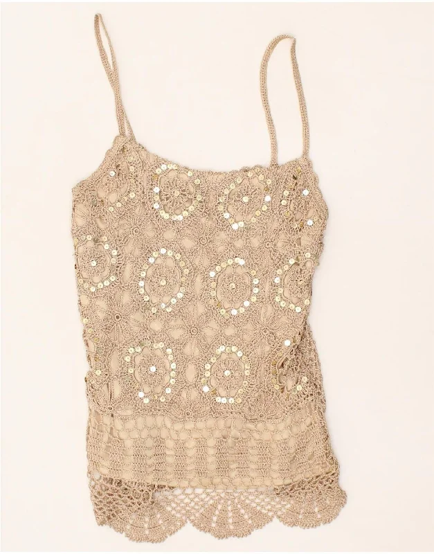 BAY Womens Sleeveless Crochet Blouse Top UK 14 Medium Beige Viscose Vintage Polka Blouse BAY Womens Sleeveless Crochet Blouse Top UK 14 Medium Beige Viscose Vintage Polka Blouse