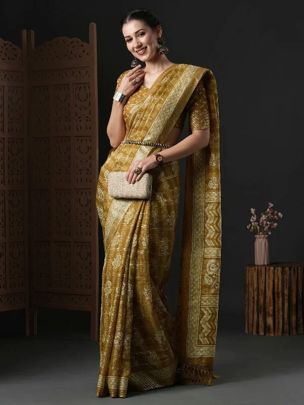 Saree Mall Women's Kota Doria Cotton Mustard Printed Designer Saree With Blouse Piece-BALUSHA105 Off-Shoulder Wrap Blouse