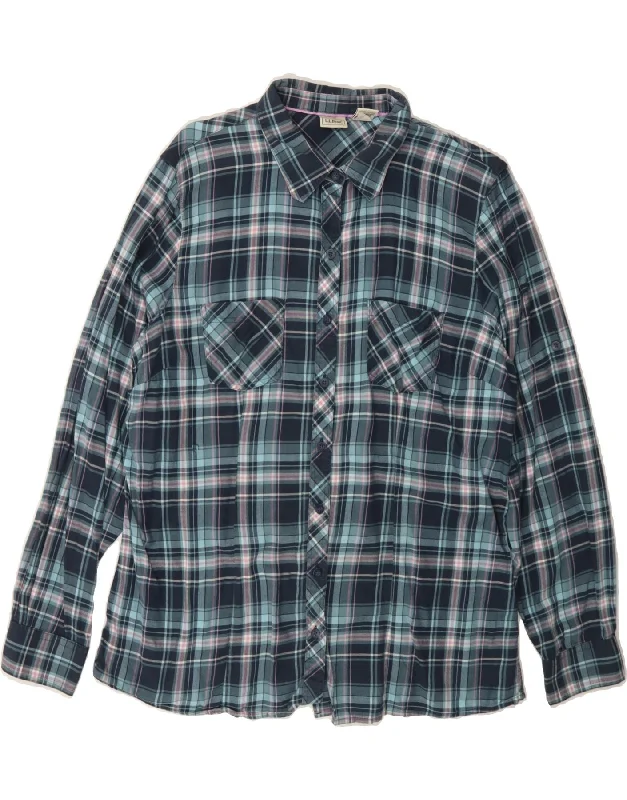 L.L.BEAN Womens Flannel Shirt UK 16 Large Navy Blue Check Cotton-- Cashmere Blend Cotton Blend Poly Blend