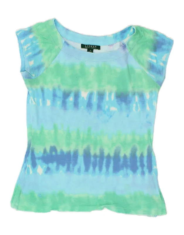 RALPH LAUREN Womens T-Shirt Top UK 12 Medium Blue Tie Dye Cotton-- Fashionable Trendy Casual