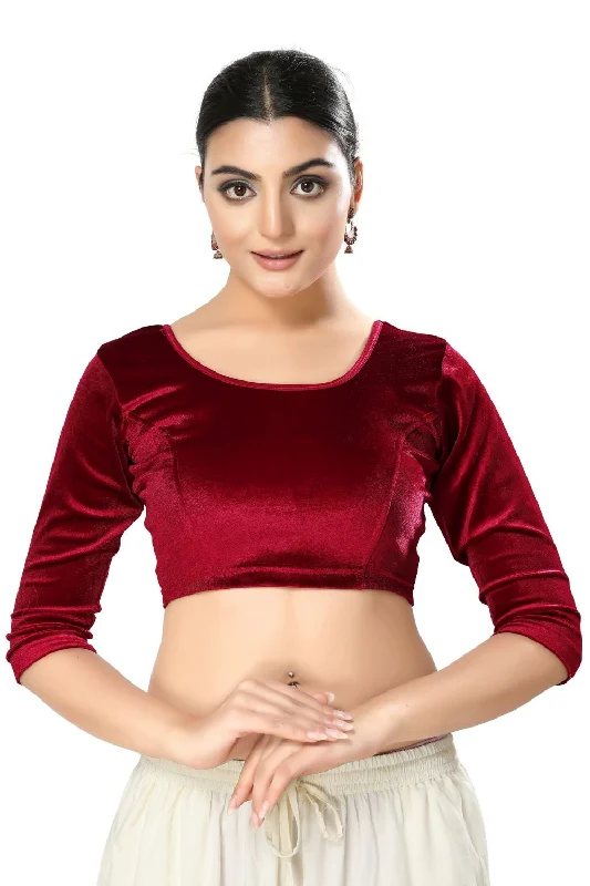 Maroon Velvet Solid Three-Quarter Sleeves Blouse Elegant Office Blouse