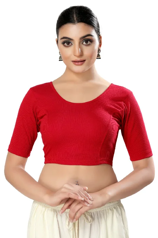 Red Cotton Solid Short Sleeves Blouse Embroidered Cotton Blouse
