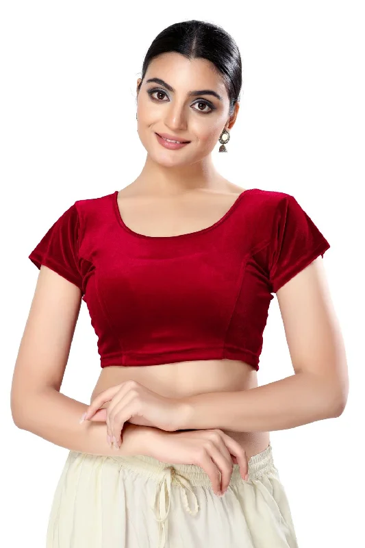 Maroon Velvet Solid Short Sleeves Blouse Embroidered Cotton Blouse