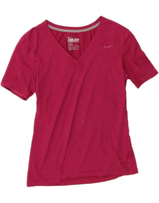 NIKE Womens Dri Fit T-Shirt Top UK 10 Small Pink Cotton-- Zippered Front Buttoned Front Snap Front