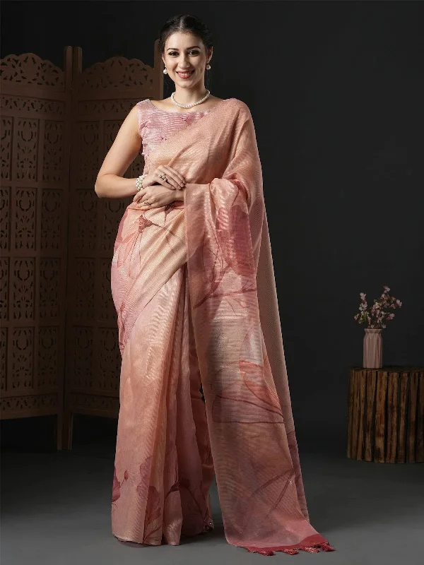 Saree Mall Women's Organza Peach Printed Designer Saree With Blouse Piece-SANKARI305 Delicate Bow Blouse Saree Mall Women's Organza Peach Printed Designer Saree With Blouse Piece-SANKARI305 Delicate Bow Blouse
