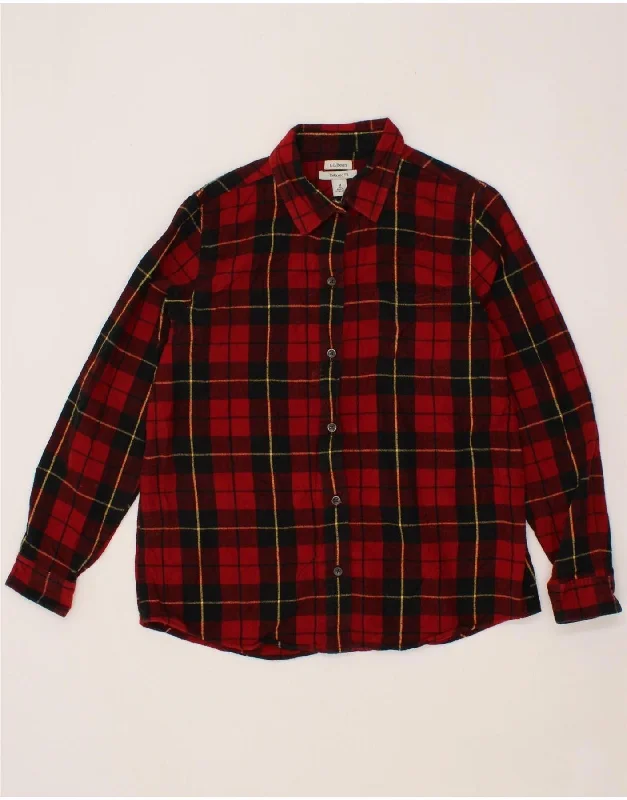 L.L.BEAN Womens Relaxed Fit Flannel Shirt UK 14 Medium Red Check Cotton-- Front Pockets Side Pockets Patch Pockets