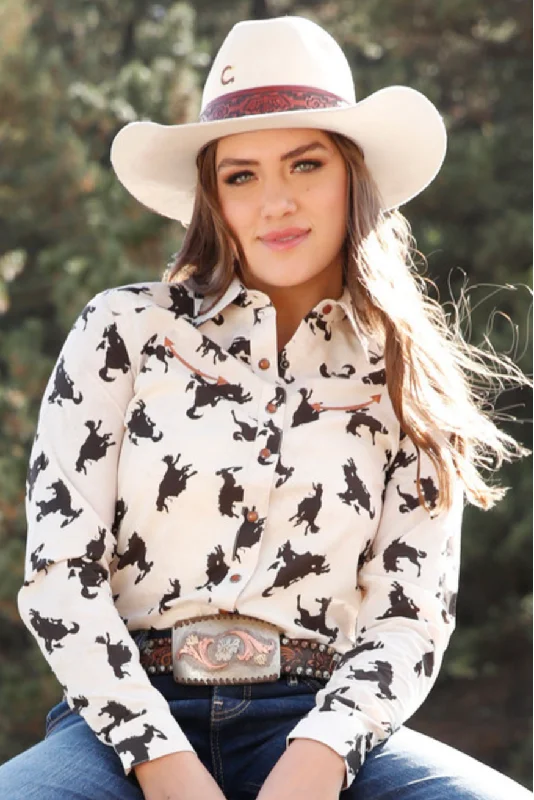 Women's Cruel Bronc Print Snap Button Shirt-- Mesh Fabric Canvas Fabric Denim Fabric